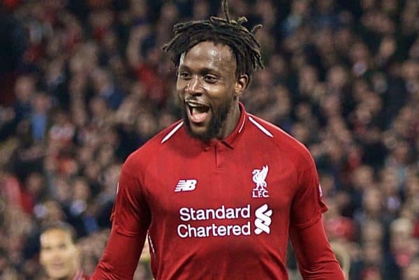 LIVERPOOL, ENGLAND - Tuesday, May 7, 2019: Liverpool's Divock Origi celebrates scoring the fourth goal during the UEFA Champions League Semi-Final 2nd Leg match between Liverpool FC and FC Barcelona at Anfield. (Pic by David Rawcliffe/Propaganda)