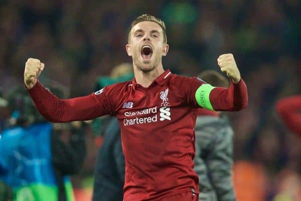 LIVERPOOL, ENGLAND - Tuesday, May 7, 2019: Liverpool's captain Jordan Henderson celebrates after the 4-0 victory (4-3 on aggregate) over FC Barcelona after the UEFA Champions League Semi-Final 2nd Leg match between Liverpool FC and FC Barcelona at Anfield. (Pic by David Rawcliffe/Propaganda)