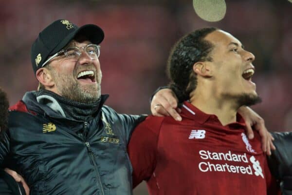 LIVERPOOL, ENGLAND - Tuesday, May 7, 2019: Liverpool's Mohamed Salah, manager Jürgen Klopp and Virgil van Dijk celebrate after the UEFA Champions League Semi-Final 2nd Leg match between Liverpool FC and FC Barcelona at Anfield. Liverpool won 4-0 (4-3 on aggregate). (Pic by David Rawcliffe/Propaganda)