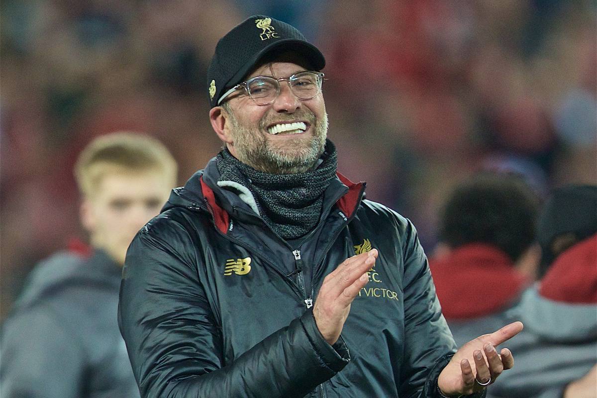 LIVERPOOL, ENGLAND - Tuesday, May 7, 2019: Liverpool's manager Jürgen Klopp celebrates after the UEFA Champions League Semi-Final 2nd Leg match between Liverpool FC and FC Barcelona at Anfield. Liverpool won 4-0 (4-3 on aggregate). (Pic by David Rawcliffe/Propaganda)