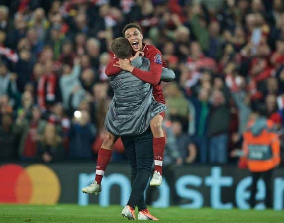 LIVERPOOL, ENGLAND - Tuesday, May 7, 2019: Liverpool's Trent Alexander-Arnold celebrates after the UEFA Champions League Semi-Final 2nd Leg match between Liverpool FC and FC Barcelona at Anfield. Liverpool won 4-0 (4-3 on aggregate). (Pic by David Rawcliffe/Propaganda)