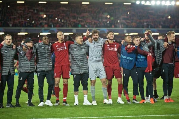 LIVERPOOL, ENGLAND - Tuesday, May 7, 2019: Liverpool players celebrate after the UEFA Champions League Semi-Final 2nd Leg match between Liverpool FC and FC Barcelona at Anfield. Liverpool won 4-0 (4-3 on aggregate). Alberto Moreno, Raphael Camacho, Fabio Henrique Tavares 'Fabinho', Roberto Firmino, goalkeeper Alisson Becker, Joe Gomez, Rhian Brewster, Ben Woodburn. (Pic by David Rawcliffe/Propaganda)