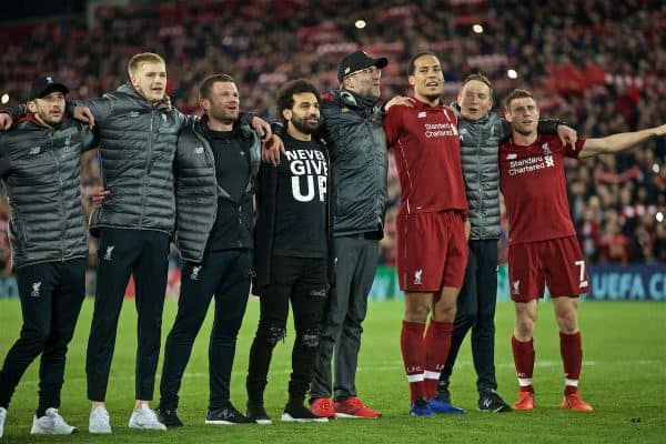 LIVERPOOL, ENGLAND - Tuesday, May 7, 2019: Liverpool players celebrate after the UEFA Champions League Semi-Final 2nd Leg match between Liverpool FC and FC Barcelona at Anfield. Liverpool won 4-0 (4-3 on aggregate). Mohamed Salah, manager Jürgen Klopp, Virgil van Dijk, James Milner. (Pic by David Rawcliffe/Propaganda)