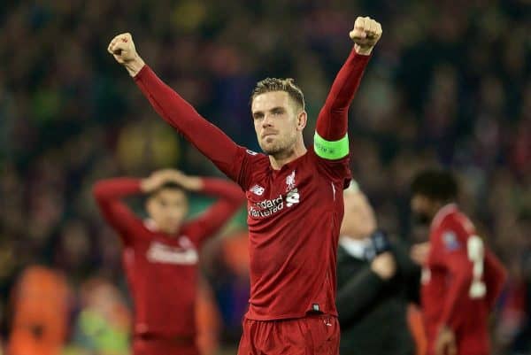 LIVERPOOL, ENGLAND - Tuesday, May 7, 2019: Liverpool's captain Jordan Henderson celebrates the 4-0 victory (4-3 on aggregate) over FC Barcelona after the UEFA Champions League Semi-Final 2nd Leg match between Liverpool FC and FC Barcelona at Anfield. (Pic by David Rawcliffe/Propaganda)