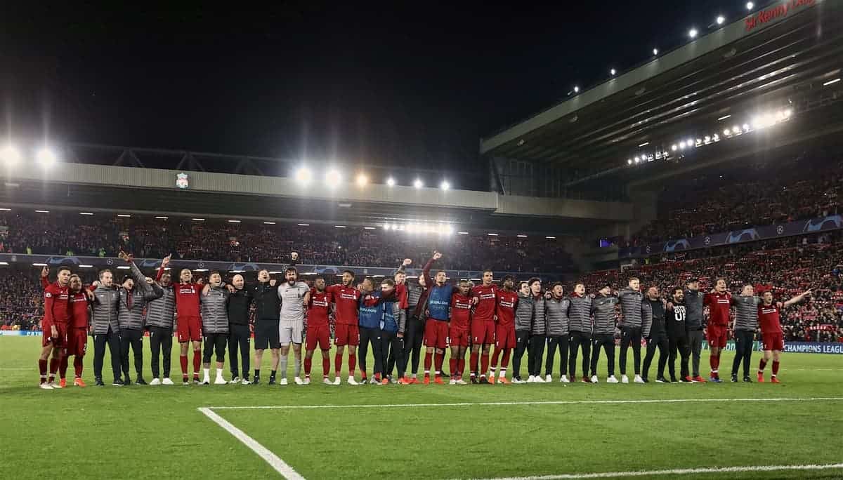 LIVERPOOL, ENGLAND - Tuesday, May 7, 2019: Liverpool players and staff celebrate after the UEFA Champions League Semi-Final 2nd Leg match between Liverpool FC and FC Barcelona at Anfield. Liverpool won 4-0 (4-3 on aggregate). (Pic by David Rawcliffe/Propaganda)