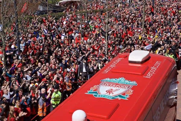 LIVERPOOL, ENGLAND - Sunday, May 12, 2019: Liverpool supporters take photos of team bus arrive with their smart phones before the final FA Premier League match of the season between Liverpool FC and Wolverhampton Wanderers FC at Anfield. (Pic by David Rawcliffe/Propaganda)