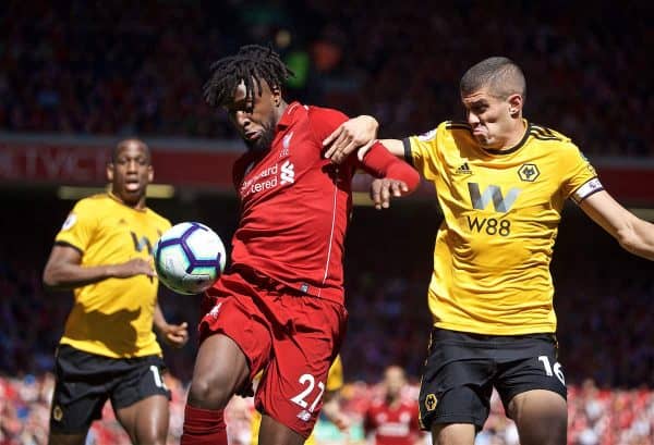 LIVERPOOL, ENGLAND - Sunday, May 12, 2019: Liverpool's Divock Origi (L) and Wolverhampton Wanderers' captain Conor Coady during the final FA Premier League match of the season between Liverpool FC and Wolverhampton Wanderers FC at Anfield. (Pic by David Rawcliffe/Propaganda)