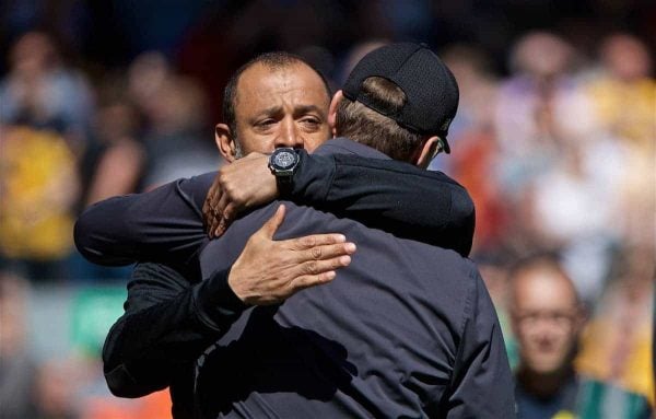 LIVERPOOL, ENGLAND - Sunday, May 12, 2019: Wolverhampton Wanderers' head coach Nuno Espírito Santo embraces Liverpool's manager Jürgen Klopp before the final FA Premier League match of the season between Liverpool FC and Wolverhampton Wanderers FC at Anfield. (Pic by David Rawcliffe/Propaganda)