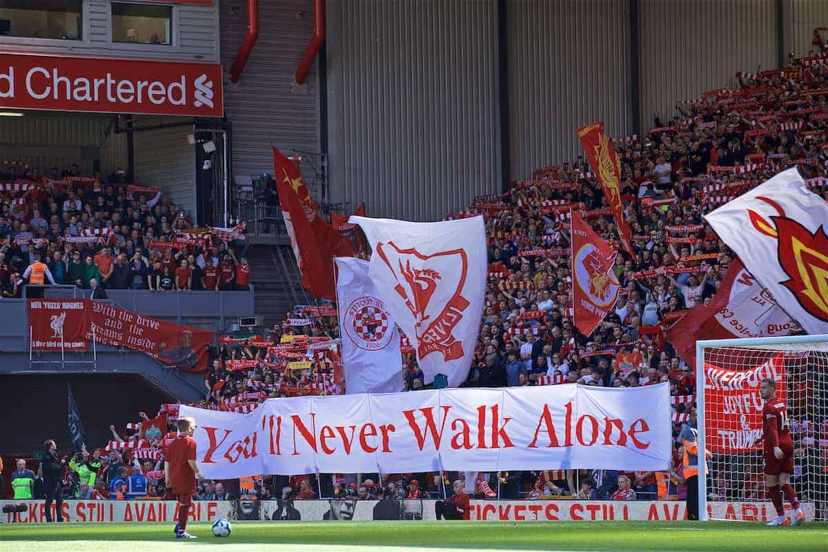 LIVERPOOL, ENGLAND - Sunday, May 12, 2019: Liverpool supporters singing "You'll Never Walk Alone" before the final FA Premier League match of the season between Liverpool FC and Wolverhampton Wanderers FC at Anfield. (Pic by David Rawcliffe/Propaganda)