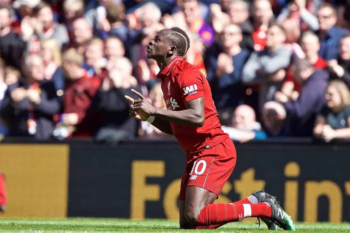 LIVERPOOL, ENGLAND - Sunday, May 12, 2019: Liverpool's 10 celebrates scoring the first goal during the final FA Premier League match of the season between Liverpool FC and Wolverhampton Wanderers FC at Anfield. (Pic by David Rawcliffe/Propaganda)