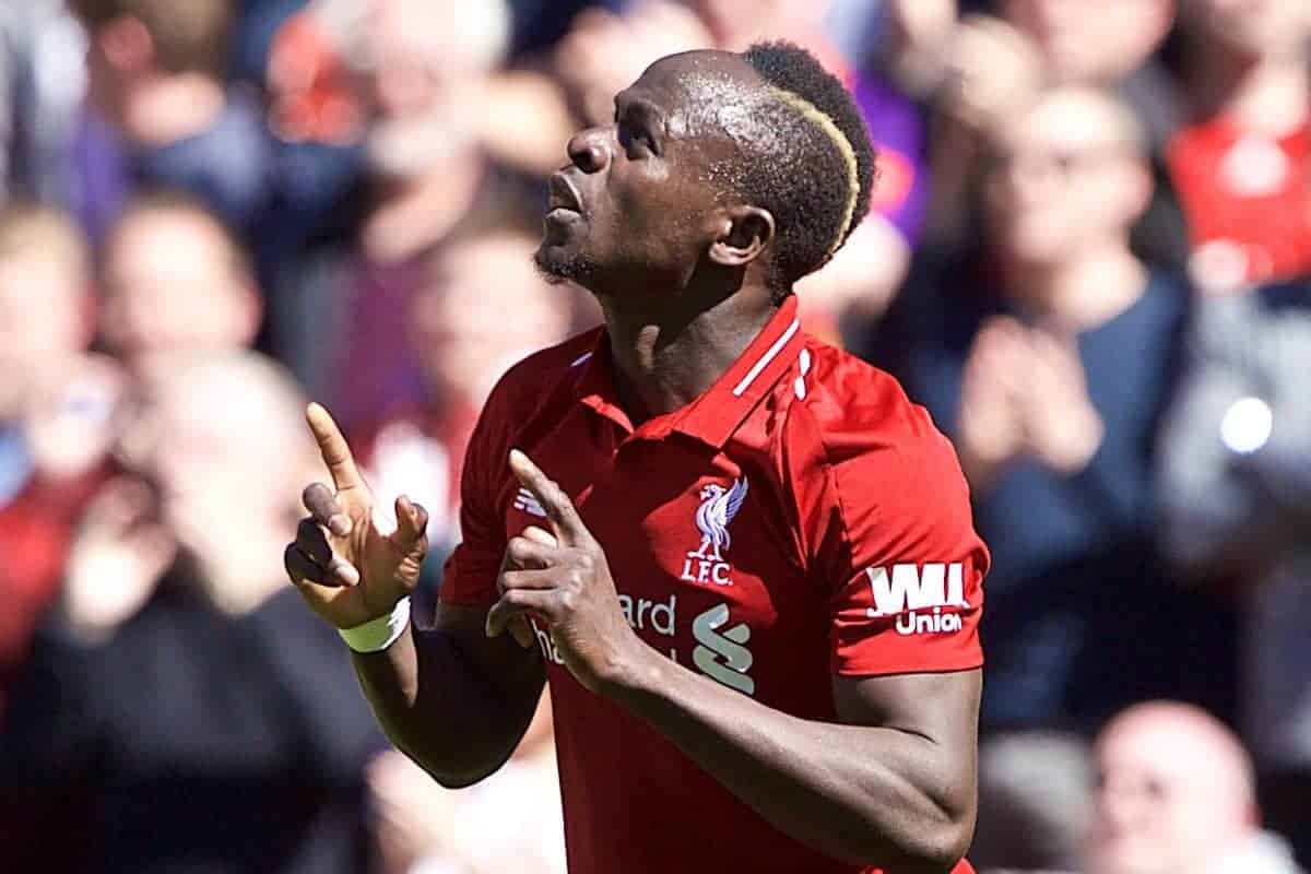 LIVERPOOL, ENGLAND - Sunday, May 12, 2019: Liverpool's Sadio Mane celebrates scoring the first goal during the final FA Premier League match of the season between Liverpool FC and Wolverhampton Wanderers FC at Anfield. (Pic by David Rawcliffe/Propaganda)