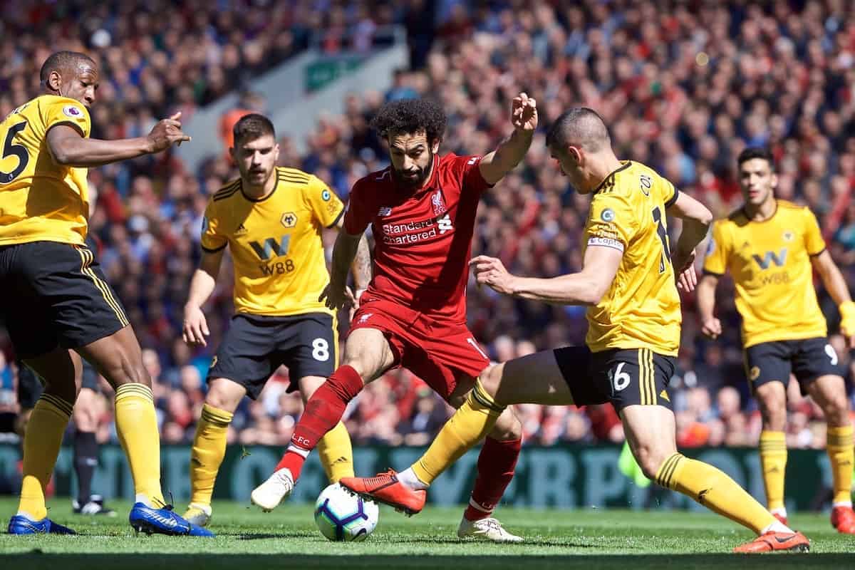 LIVERPOOL, ENGLAND - Sunday, May 12, 2019: Liverpool's Mohamed Salah (L) and Wolverhampton Wanderers' captain Conor Coady during the final FA Premier League match of the season between Liverpool FC and Wolverhampton Wanderers FC at Anfield. (Pic by David Rawcliffe/Propaganda)