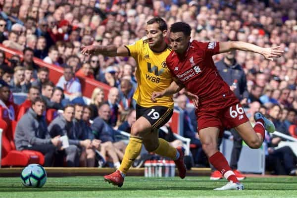 LIVERPOOL, ENGLAND - Sunday, May 12, 2019: Wolverhampton Wanderers' Jonny Castro (L) and Liverpool's Trent Alexander-Arnold (R) during the final FA Premier League match of the season between Liverpool FC and Wolverhampton Wanderers FC at Anfield. (Pic by David Rawcliffe/Propaganda)