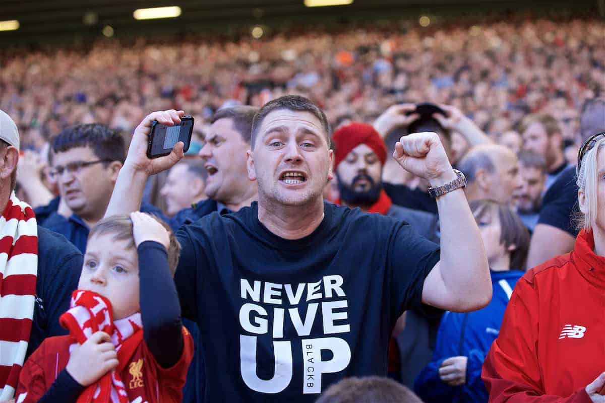 LIVERPOOL, ENGLAND - Sunday, May 12, 2019: A Liverpool cheers his side on during the final FA Premier League match of the season between Liverpool FC and Wolverhampton Wanderers FC at Anfield. (Pic by David Rawcliffe/Propaganda)