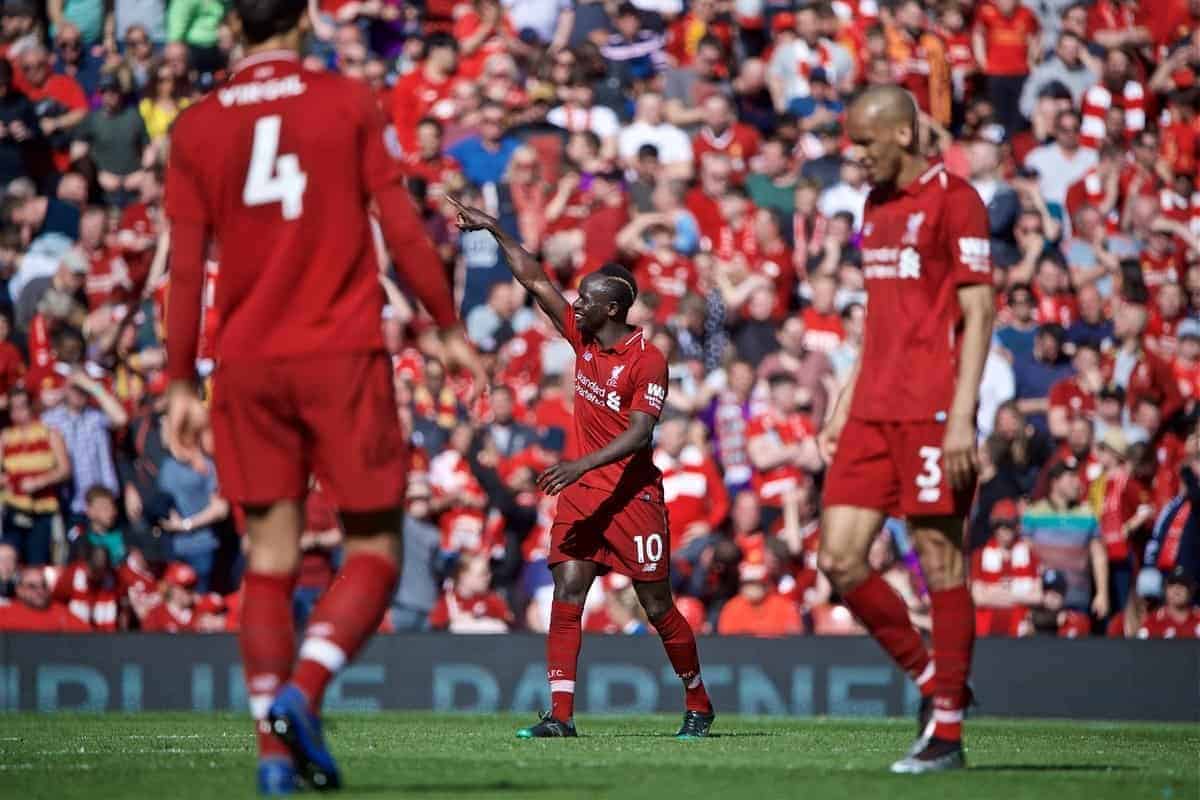 LIVERPOOL, ENGLAND - Sunday, May 12, 2019: Liverpool's Sadio Mane celebrates scoring the second goal during the final FA Premier League match of the season between Liverpool FC and Wolverhampton Wanderers FC at Anfield. (Pic by David Rawcliffe/Propaganda)