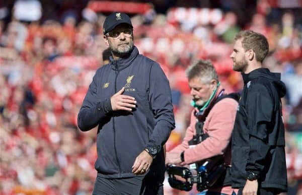 LIVERPOOL, ENGLAND - Sunday, May 12, 2019: Liverpool's manager Jürgen Klopp after the final FA Premier League match of the season between Liverpool FC and Wolverhampton Wanderers FC at Anfield. (Pic by David Rawcliffe/Propaganda)