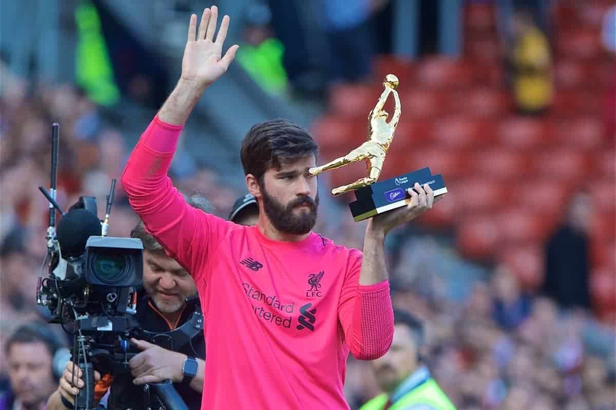 LIVERPOOL, ENGLAND - Sunday, May 12, 2019: Liverpool's goalkeeper Alisson Becker with the golden glove award for the most clean sheets after the final FA Premier League match of the season between Liverpool FC and Wolverhampton Wanderers FC at Anfield. (Pic by David Rawcliffe/Propaganda)