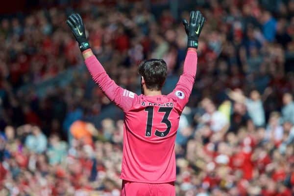 LIVERPOOL, ENGLAND - Sunday, May 12, 2019: Liverpool's goalkeeper Alisson Becker during the final FA Premier League match of the season between Liverpool FC and Wolverhampton Wanderers FC at Anfield. (Pic by David Rawcliffe/Propaganda)