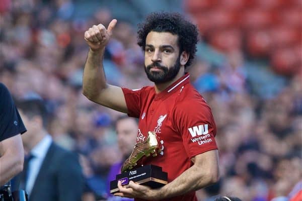 LIVERPOOL, ENGLAND - Sunday, May 12, 2019: Liverpool's Mohamed Salah with the golden boot for being joint top scorer for Liverpool after the final FA Premier League match of the season between Liverpool FC and Wolverhampton Wanderers FC at Anfield. (Pic by David Rawcliffe/Propaganda)