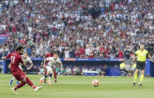 MADRID, SPAIN - SATURDAY, JUNE 1, 2019: Liverpool's Mohamed Salah scores his sides first goal from the penalty spot to make the score 0-1 during the UEFA Champions League Final match between Tottenham Hotspur FC and Liverpool FC at the Estadio Metropolitano. (Pic by Paul Greenwood/Propaganda)