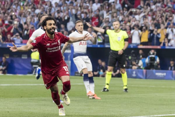 MADRID, SPAIN - SATURDAY, JUNE 1, 2019: Liverpool's Mohamed Salah celebrates scoring his sides first goal from the penalty spot to make the score 0-1 during the UEFA Champions League Final match between Tottenham Hotspur FC and Liverpool FC at the Estadio Metropolitano. (Pic by Paul Greenwood/Propaganda)