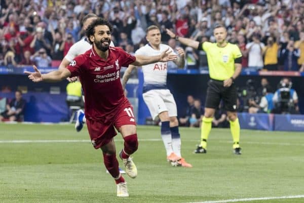 MADRID, SPAIN - SATURDAY, JUNE 1, 2019: Liverpool's Mohamed Salah celebrates scoring his sides first goal from the penalty spot to make the score 0-1 during the UEFA Champions League Final match between Tottenham Hotspur FC and Liverpool FC at the Estadio Metropolitano. (Pic by Paul Greenwood/Propaganda)