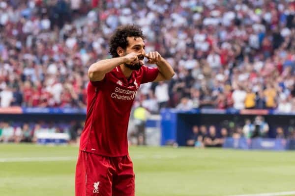 MADRID, SPAIN - SATURDAY, JUNE 1, 2019: Liverpool's Mohamed Salah celebrates scoring his sides first goal from the penalty spot to make the score 0-1 during the UEFA Champions League Final match between Tottenham Hotspur FC and Liverpool FC at the Estadio Metropolitano. (Pic by Paul Greenwood/Propaganda)