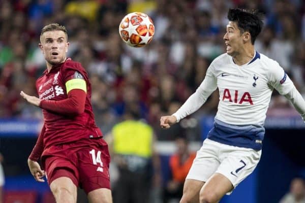 MADRID, SPAIN - SATURDAY, JUNE 1, 2019: Liverpool's captain Jordan Henderson and Tottenham Hotspur's Son Heung-Min during the UEFA Champions League Final match between Tottenham Hotspur FC and Liverpool FC at the Estadio Metropolitano. (Pic by Paul Greenwood/Propaganda)