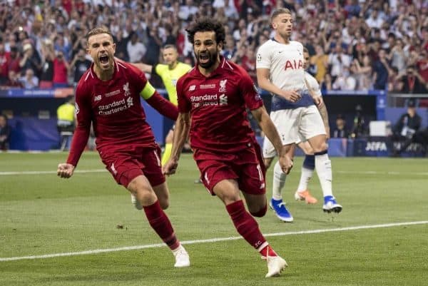 MADRID, SPAIN - SATURDAY, JUNE 1, 2019: Liverpool's Mohamed Salah celebrates scoring his sides first goal from the penalty spot to make the score 0-1 during the UEFA Champions League Final match between Tottenham Hotspur FC and Liverpool FC at the Estadio Metropolitano. (Pic by Paul Greenwood/Propaganda)