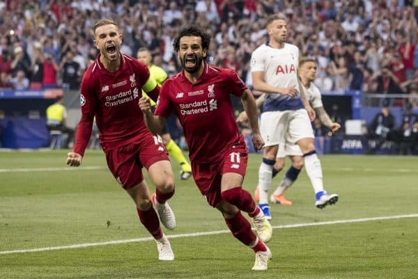 MADRID, SPAIN - SATURDAY, JUNE 1, 2019: Liverpool's Mohamed Salah celebrates scoring his sides first goal from the penalty spot to make the score 0-1 during the UEFA Champions League Final match between Tottenham Hotspur FC and Liverpool FC at the Estadio Metropolitano. (Pic by Paul Greenwood/Propaganda)