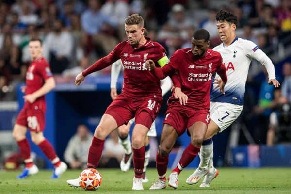 MADRID, SPAIN - SATURDAY, JUNE 1, 2019: Liverpool's captain Jordan Henderson and Georginio Wijnaldum compete with Tottenham Hotspur's Son Heung-Min during the UEFA Champions League Final match between Tottenham Hotspur FC and Liverpool FC at the Estadio Metropolitano. (Pic by Paul Greenwood/Propaganda)