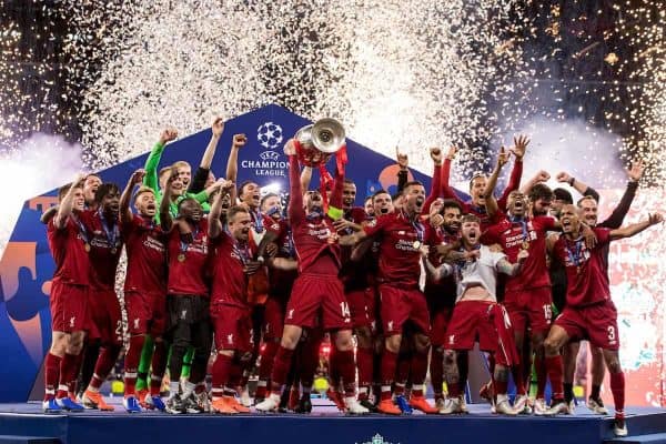 MADRID, SPAIN - SATURDAY, JUNE 1, 2019: Liverpool's captain Jordan Henderson lifts the European Cup following a 2-0 victory in the UEFA Champions League Final match between Tottenham Hotspur FC and Liverpool FC at the Estadio Metropolitano. (Pic by Paul Greenwood/Propaganda)