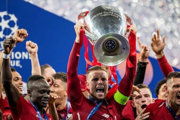 MADRID, SPAIN - SATURDAY, JUNE 1, 2019: Liverpool's captain Jordan Henderson lifts the European Cup following a 2-0 victory in the UEFA Champions League Final match between Tottenham Hotspur FC and Liverpool FC at the Estadio Metropolitano. (Pic by Paul Greenwood/Propaganda)