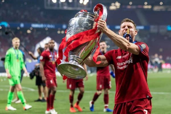 MADRID, ESPAÑA - SÁBADO, 1 DE JUNIO DE 2019: James Milner del Liverpool celebra con la Copa de Europa después de una victoria por 2-0 en el partido final de la UEFA Champions League entre el Tottenham Hotspur FC y el Liverpool FC en el Estadio Metropolitano.  (Foto de Paul Greenwood/Propaganda)