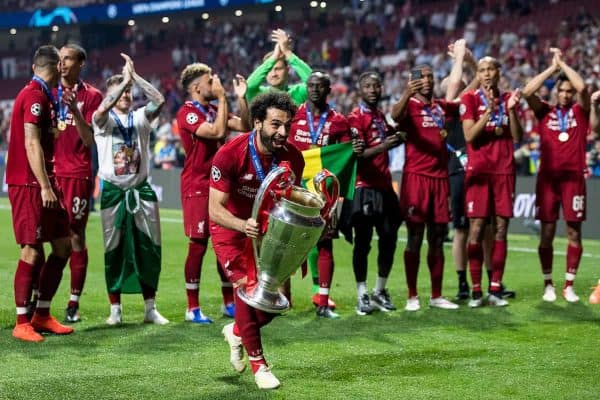 MADRID, SPAIN - SATURDAY, JUNE 1, 2019: Liverpool's Mohamed Salah celebrates with the European Cup after a 2-0 victory in the UEFA Champions League Final match between Tottenham Hotspur FC and Liverpool FC at the Estadio Metropolitano. (Pic by Paul Greenwood/Propaganda)