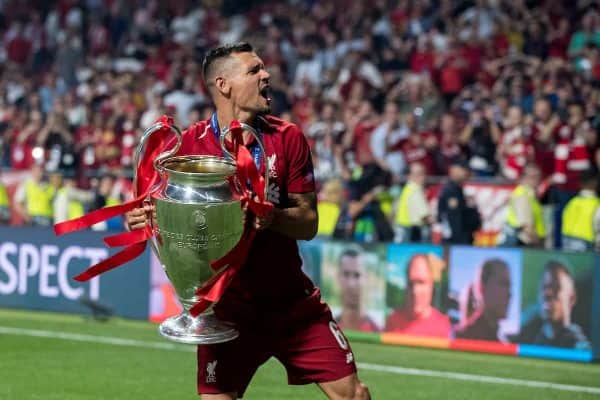 MADRID, SPAIN - SATURDAY, JUNE 1, 2019: Liverpool's Dejan Lovren celebrates with the European Cup after a 2-0 victory in the UEFA Champions League Final match between Tottenham Hotspur FC and Liverpool FC at the Estadio Metropolitano. (Pic by Paul Greenwood/Propaganda)