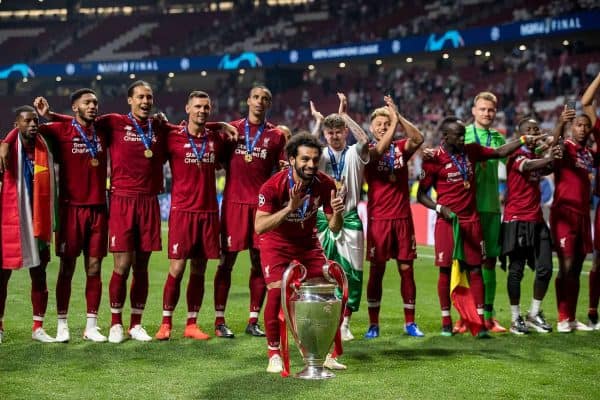 MADRID, SPAIN - SATURDAY, JUNE 1, 2019: Liverpool's Mohamed Salah celebrates with the European Cup after a 2-0 victory in the UEFA Champions League Final match between Tottenham Hotspur FC and Liverpool FC at the Estadio Metropolitano. (Pic by Paul Greenwood/Propaganda)