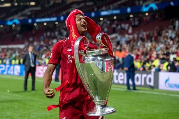 MADRID, SPAIN - SATURDAY, JUNE 1, 2019: Liverpool's Rhian Brewster celebrates with the European Cup after a 2-0 victory in the UEFA Champions League Final match between Tottenham Hotspur FC and Liverpool FC at the Estadio Metropolitano. (Pic by Paul Greenwood/Propaganda)