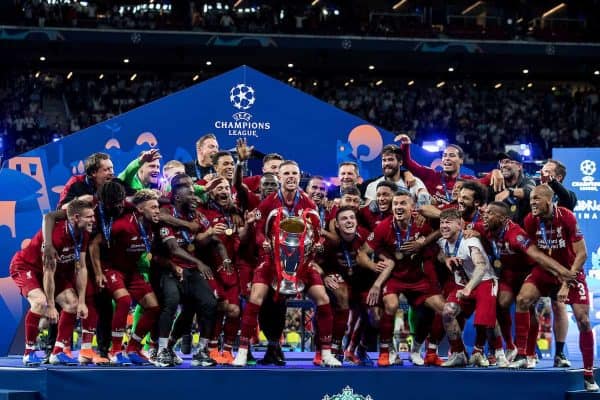 MADRID, SPAIN - SATURDAY, JUNE 1, 2019: Liverpool's captain Jordan Henderson lifts the European Cup following a 2-0 victory in the UEFA Champions League Final match between Tottenham Hotspur FC and Liverpool FC at the Estadio Metropolitano. (Pic by Paul Greenwood/Propaganda)