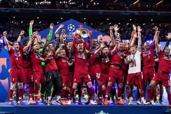 MADRID, SPAIN - SATURDAY, JUNE 1, 2019: Liverpool's captain Jordan Henderson lifts the European Cup following a 2-0 victory in the UEFA Champions League Final match between Tottenham Hotspur FC and Liverpool FC at the Estadio Metropolitano. (Pic by Paul Greenwood/Propaganda)