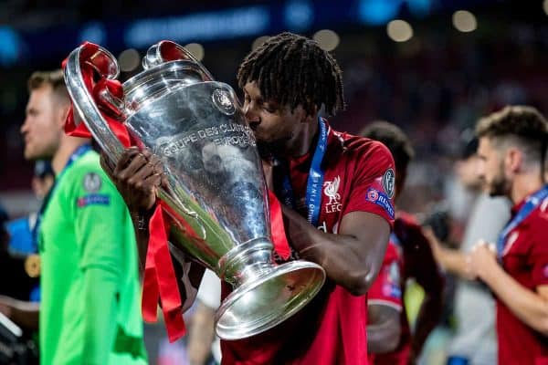 MADRID, SPAIN - SATURDAY, JUNE 1, 2019: Liverpool's Divock Origi kisses the European Cup following a 2-0 victory in the UEFA Champions League Final match between Tottenham Hotspur FC and Liverpool FC at the Estadio Metropolitano. (Pic by Paul Greenwood/Propaganda)