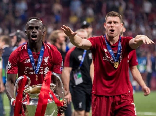 MADRID, SPAIN - SATURDAY, JUNE 1, 2019: Liverpool's Sadio Mane celebrates with the European Cup following a 2-0 victory in the UEFA Champions League Final match between Tottenham Hotspur FC and Liverpool FC at the Estadio Metropolitano. (Pic by Paul Greenwood/Propaganda) James Milner