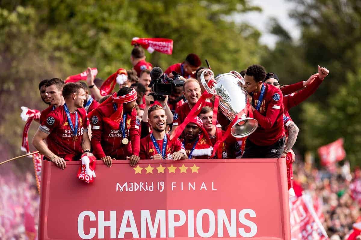 LIVERPOOL, ENGLAND - Sunday, June 2, 2019: Liverpool’s Trent Alexander-Arnold kisses the trophy during an open-top bus parade through the city after winning the UEFA Champions League Final. Liverpool beat Tottenham Hotspur. 2-0 in Madrid. To claim their sixth European Cup. (Pic by Paul Greenwood/Propaganda)