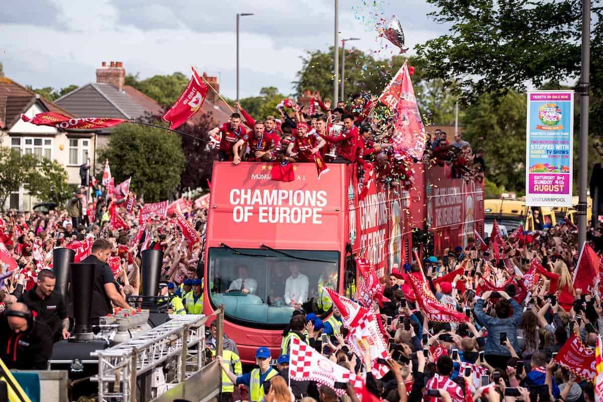 LIVERPOOL, ENGLAND - Sunday, June 2, 2019: Liverpool’s players during an open-top bus parade through the city after winning the UEFA Champions League Final. Liverpool beat Tottenham Hotspur. 2-0 in Madrid. To claim their sixth European Cup. (Pic by Paul Greenwood/Propaganda)