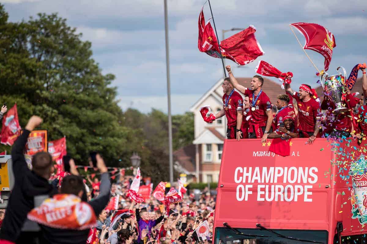 LIVERPOOL, ENGLAND - Sunday, June 2, 2019: Liverpool’s James Milner, captain Jordan Henderson, Alex Oxlaide Chamberlain, Daniel Sturridge, Alberto Moreno and Trent Alexander-Arnold during an open-top bus parade through the city after winning the UEFA Champions League Final. Liverpool beat Tottenham Hotspur. 2-0 in Madrid. To claim their sixth European Cup. (Pic by Paul Greenwood/Propaganda)