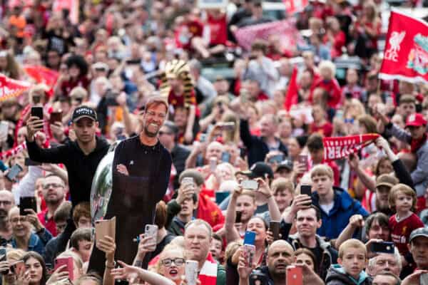 LIVERPOOL, ENGLAND - Sunday, June 2, 2019: Liverpool supporters with a cardboard cut-out of manager Jürgen Klopp during an open-top bus parade through the city after winning the UEFA Champions League Final. Liverpool beat Tottenham Hotspur. 2-0 in Madrid. To claim their sixth European Cup. (Pic by Paul Greenwood/Propaganda)