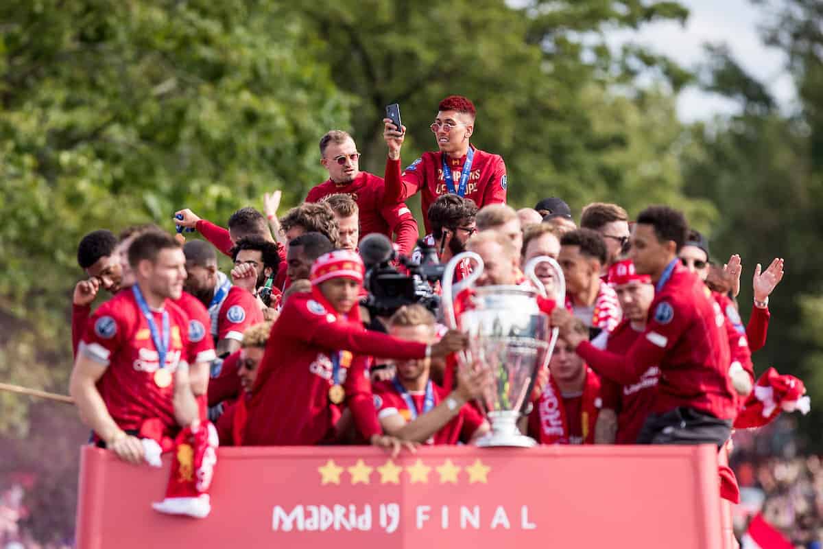 LIVERPOOL, ENGLAND - Sunday, June 2, 2019: Liverpool’s Roberto Firmino and Xherdan Shaqiri during an open-top bus parade through the city after winning the UEFA Champions League Final. Liverpool beat Tottenham Hotspur. 2-0 in Madrid. To claim their sixth European Cup. (Pic by Paul Greenwood/Propaganda)