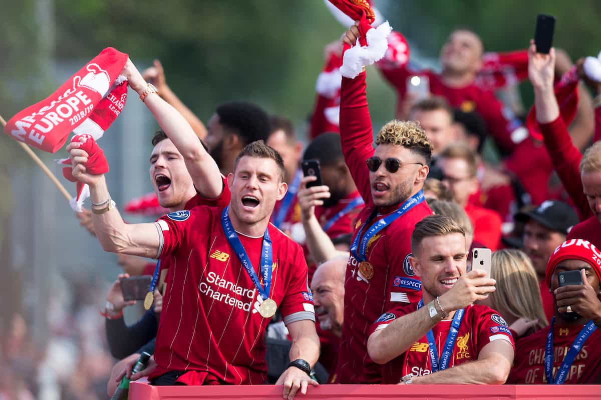 LIVERPOOL, ENGLAND - Sunday, June 2, 2019: Liverpool’s James Milner, Alex Oxlade Chamberlain and captain Jordan Henderson during an open-top bus parade through the city after winning the UEFA Champions League Final. Liverpool beat Tottenham Hotspur. 2-0 in Madrid. To claim their sixth European Cup. (Pic by Paul Greenwood/Propaganda)
