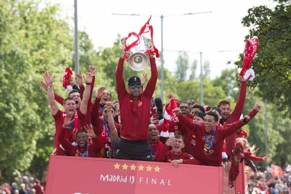 LIVERPOOL, ENGLAND - Sunday, June 2, 2019: Liverpool’s manager Jürgen Klopp lifts the trophy during an open-top bus parade through the city after winning the UEFA Champions League Final. Liverpool beat Tottenham Hotspur. 2-0 in Madrid. To claim their sixth European Cup. (Pic by Paul Greenwood/Propaganda)