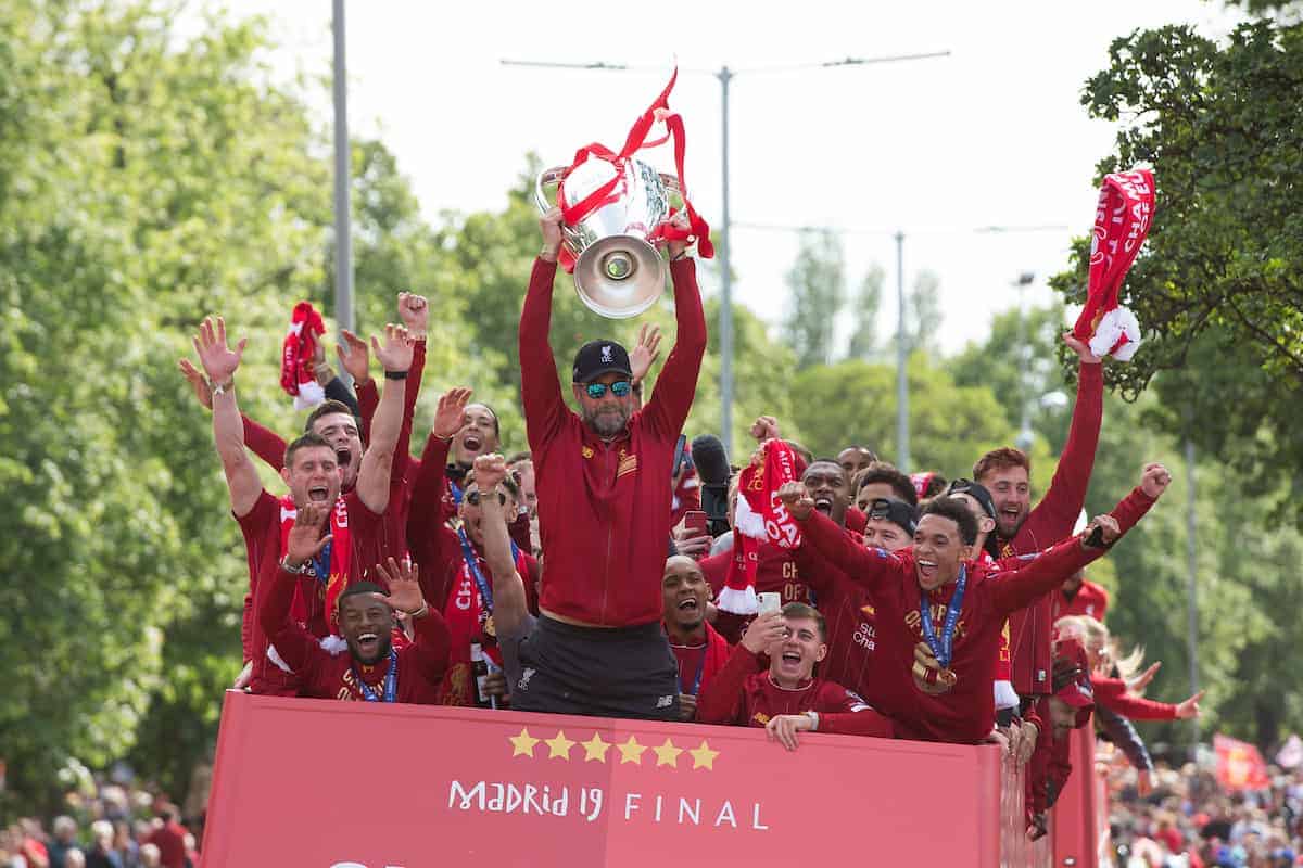 LIVERPOOL, ENGLAND - Sunday, June 2, 2019: Liverpool’s manager Jürgen Klopp lifts the trophy during an open-top bus parade through the city after winning the UEFA Champions League Final. Liverpool beat Tottenham Hotspur. 2-0 in Madrid. To claim their sixth European Cup. (Pic by Paul Greenwood/Propaganda)